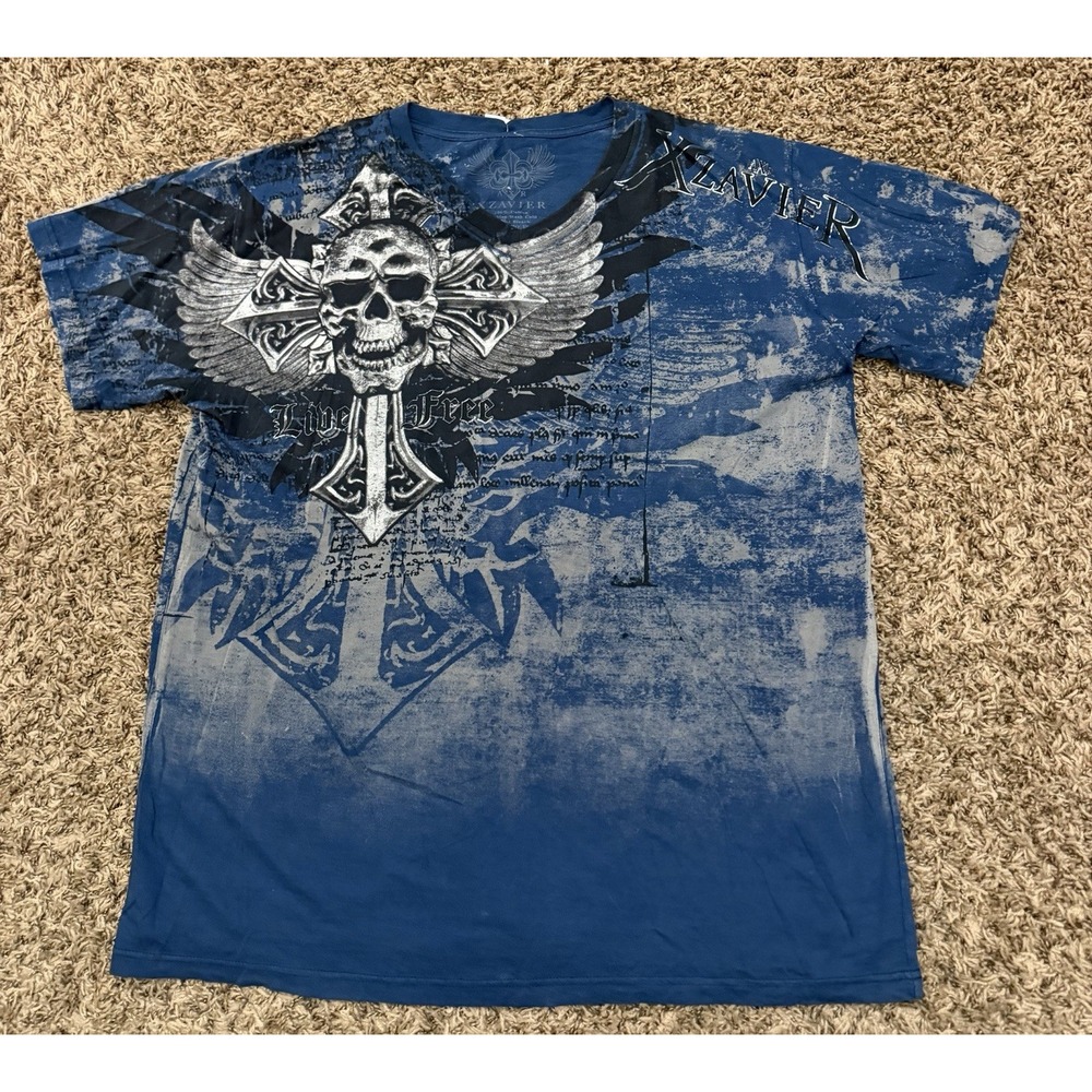 VTG Xzavier Shirt Blue Skull Cross Graphic All Over Print Gothic Mens Sz XL